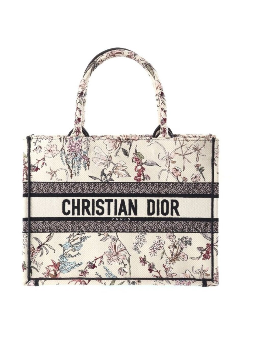Dior Book Tote Bag Medium Herbarium Embroidery Canvas Ivory Navy